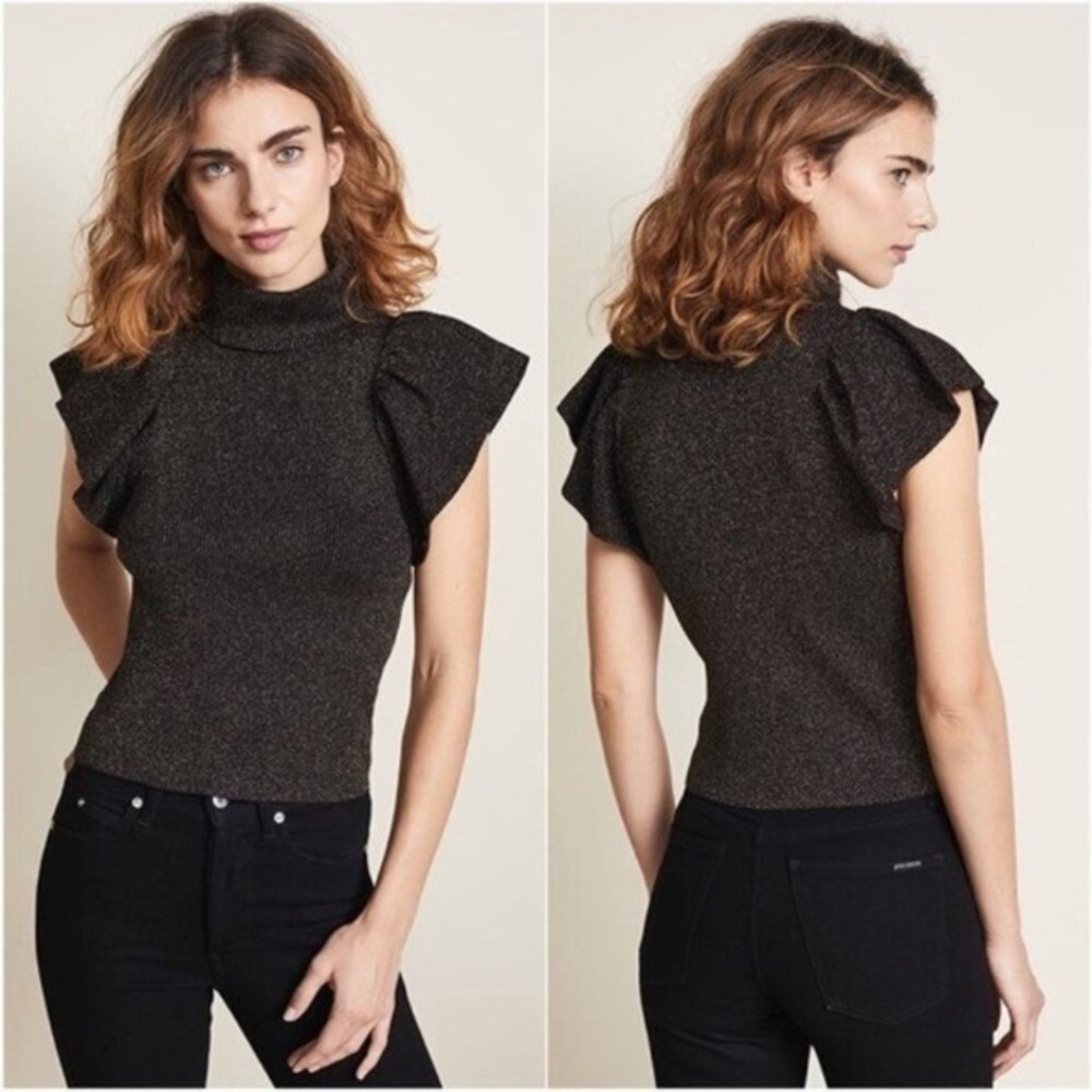 A.L.C. Minka Metallic Rib Knit Top Flutter Sleeve in Black Gold Sz S - Picture 2 of 10